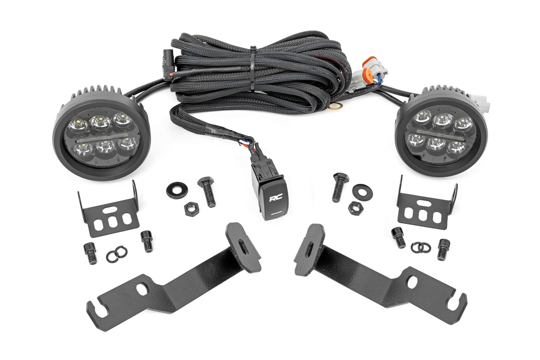 Rough Country LED Light Kit Ditch Mount Black Series Round 3.5 Inch Amber DRL Toyota Tacoma (05-15)
