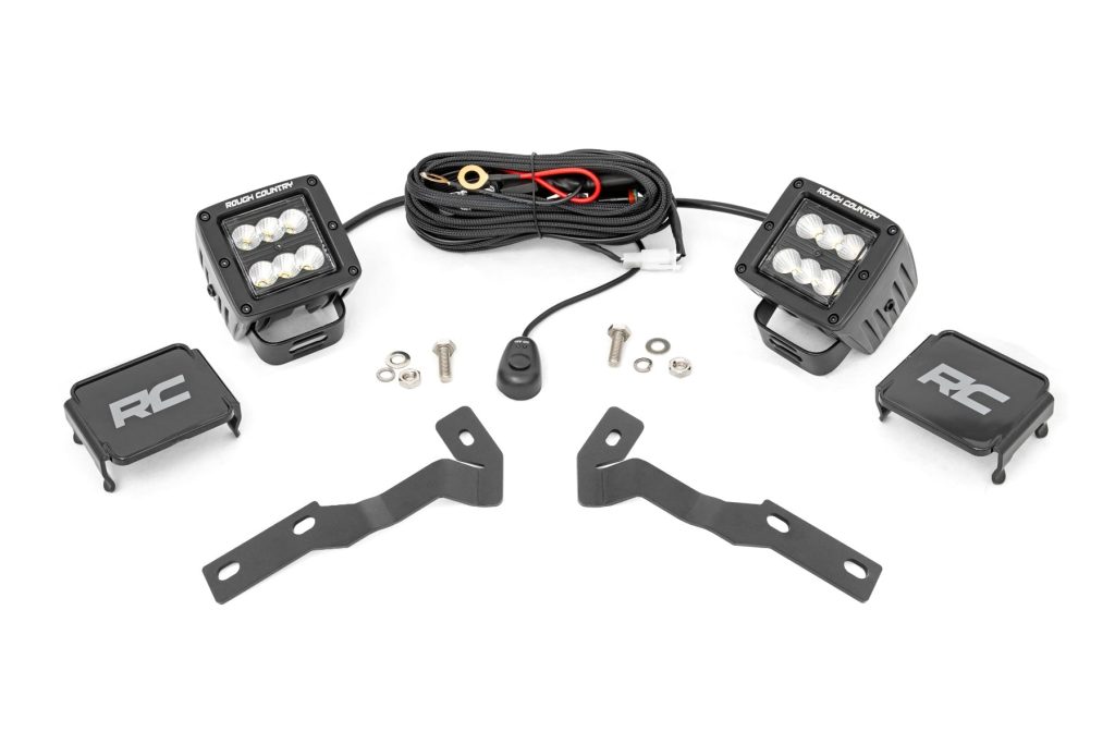 Rough Country LED Light Kit Ditch Mount 2″ Black Pair Flood Toyota Tacoma (16-23)