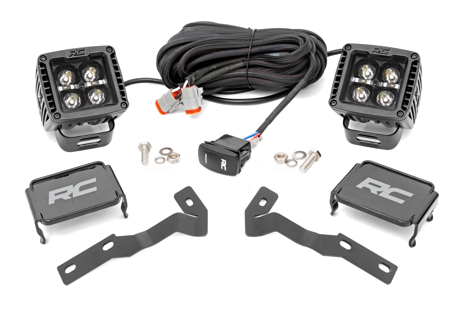 Rough Country LED Light Kit Ditch Mount 2β³ Black Pair White DRL Toyota Tacoma (16-23)