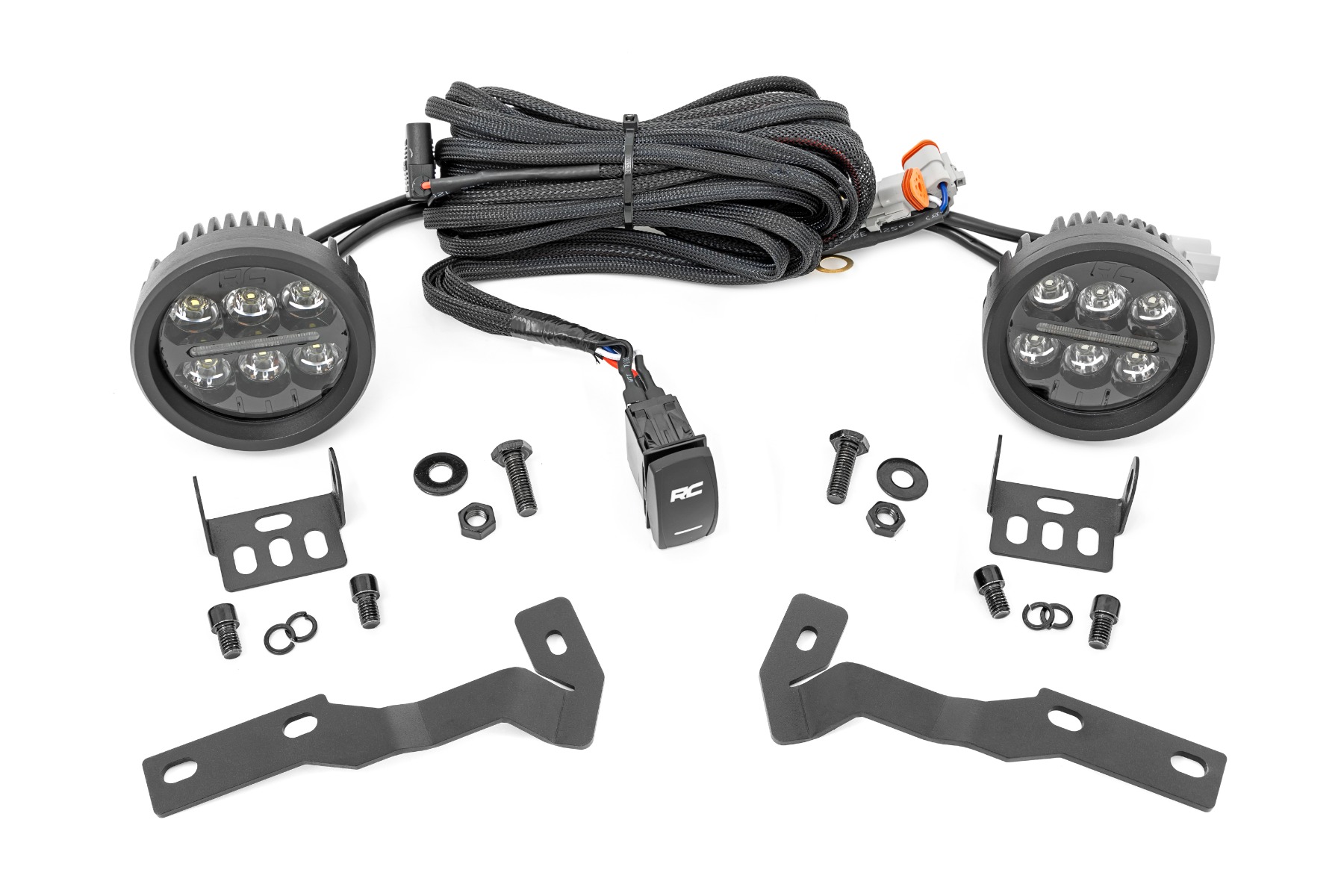 Rough Country LED Light Kit Ditch Mount Black Series Round 3.5 Inch Amber DRL Toyota Tacoma (16-23)