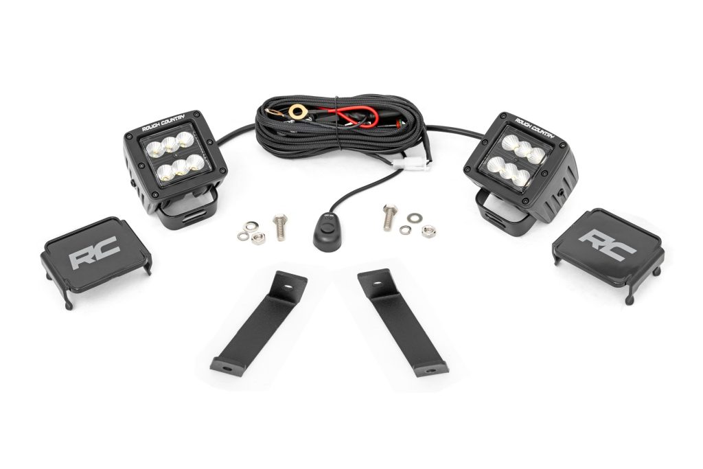 Rough Country LED Light Kit Ditch Mount 2″ Black Pair Flood Jeep Cherokee KL (14-21)