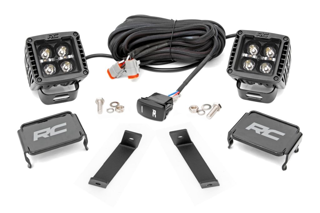 Rough Country LED Light Kit Ditch Mount 2″ Black Pair White DRL Jeep Cherokee KL (14-21)