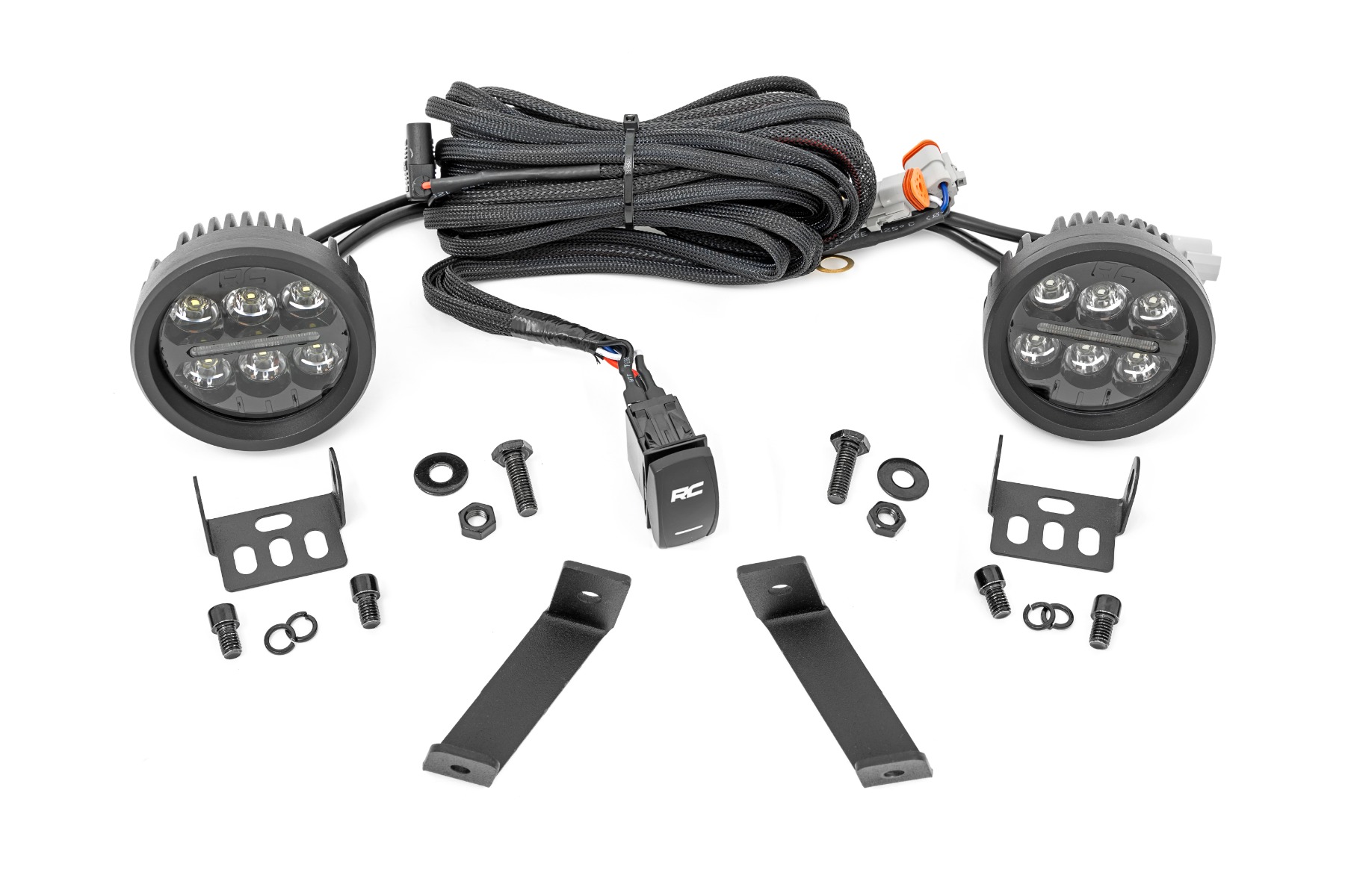 Rough Country LED Light Kit Ditch Mount Black Series Round 3.5 Inch Amber DRL Jeep Cherokee KL (14-21)