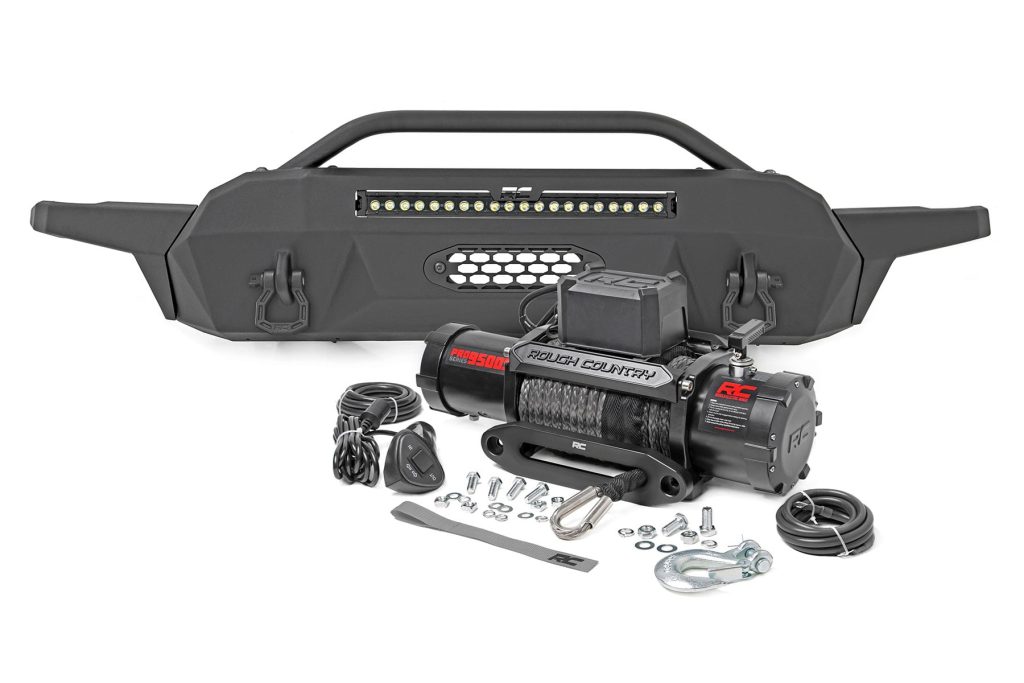 Rough Country Front Bumper Hybrid 20″ Blk LED 9500-Lb Winch Syn Toyota Tacoma (16-23)