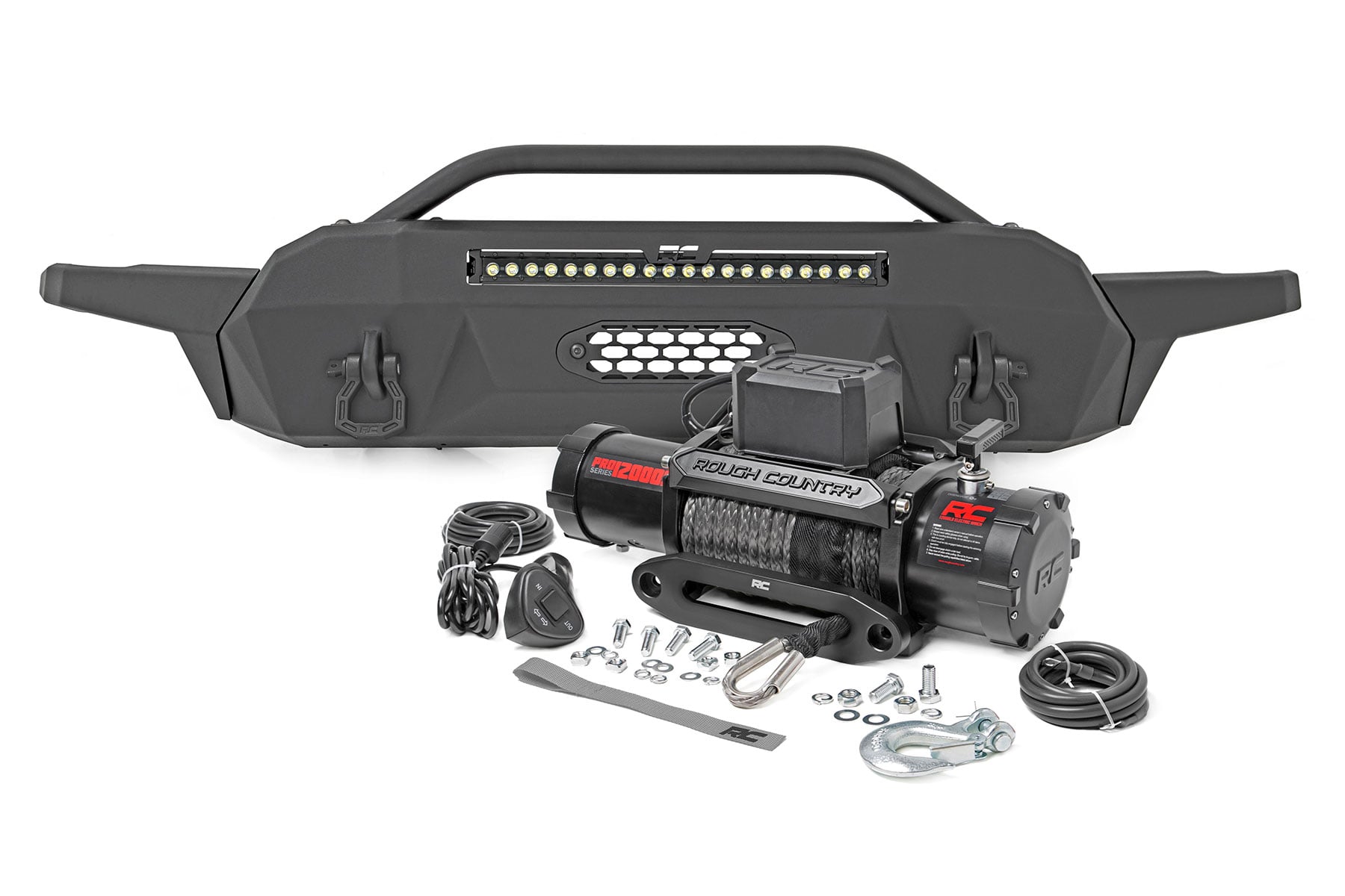 Rough Country Front Bumper Hybrid 20β³ Blk LED 12000-Lb Winch Syn Toyota Tacoma (16-23)