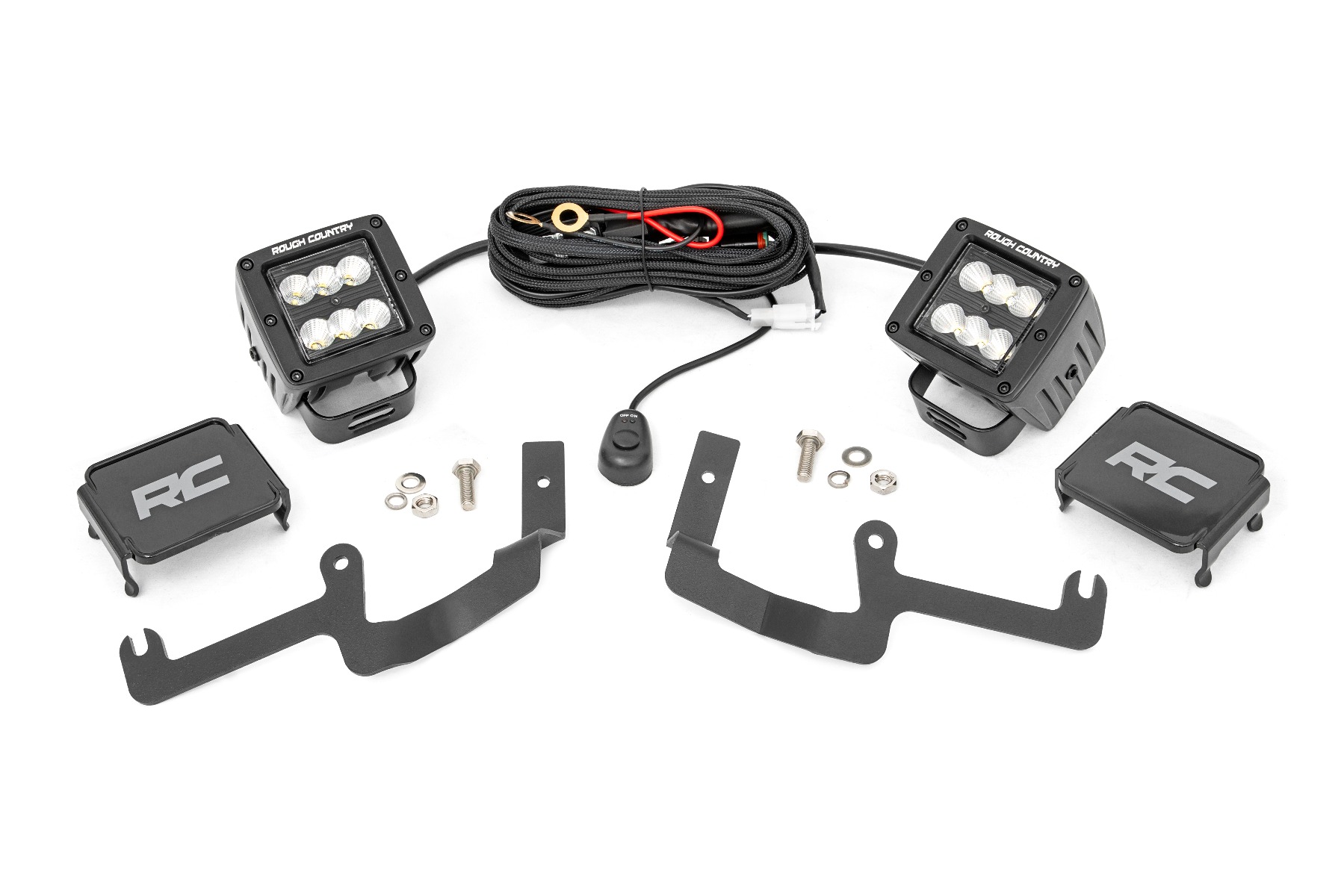 Rough Country LED Light Kit Ditch Mount 2″ Black Pair Flood Chevy Silverado 1500 (19-26)
