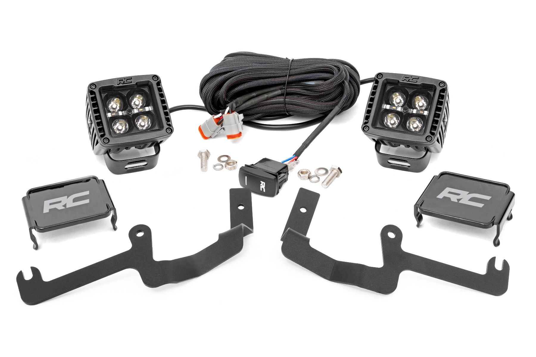 Rough Country LED Light Kit Ditch Mount 2″ Black Pair Amber DRL Chevy Silverado 1500 (19-26)