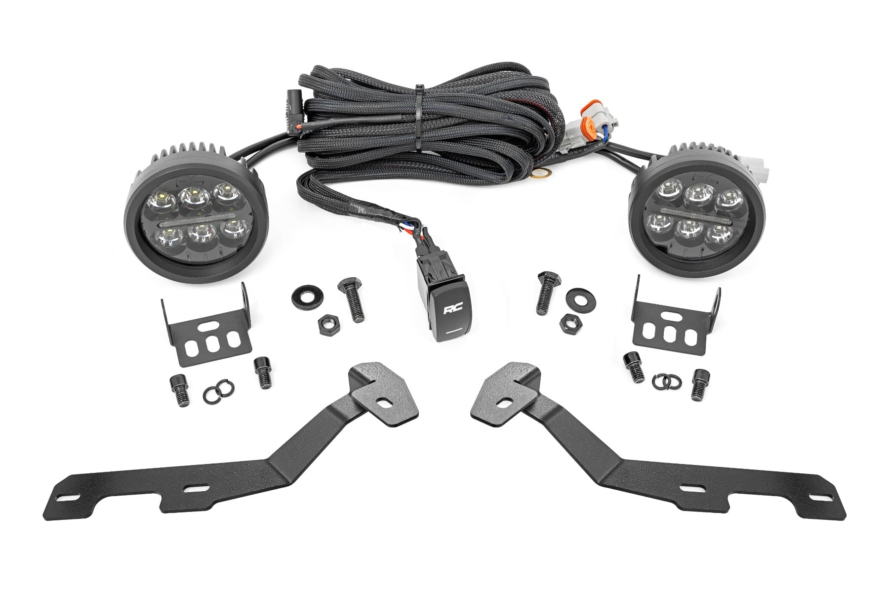Rough Country LED Light Kit Ditch Mount Black Series Round 3.5 Inch Amber DRL Ram 1500 (19-26)