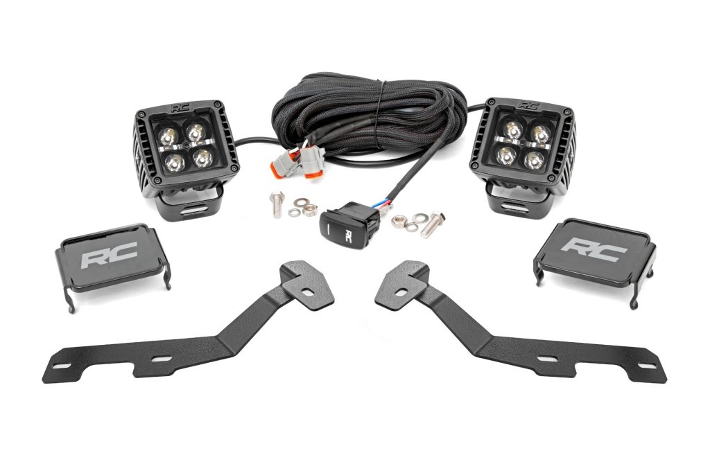 Rough Country LED Light Kit Ditch Mount 2″ Black Pair White DRL Ram 1500 (19-26)