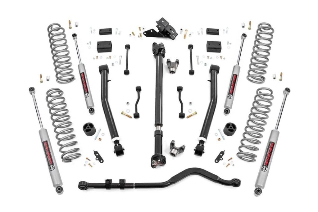 Rough Country 3.5 Inch Lift Kit Adj Lower FR D/S Jeep Wrangler Unlimited 4WD (18-23)