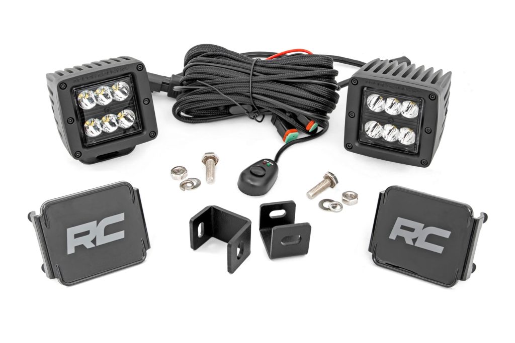 Rough Country LED Light Kit Ditch Mount 2″ Black Pair Spot Toyota Tundra (22-26)