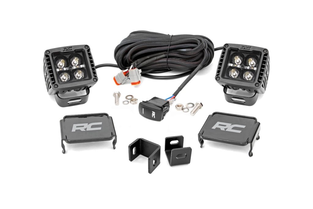 Rough Country LED Light Kit Ditch Mount 2″ Black Pair Amber DRL Toyota Tundra (22-26)