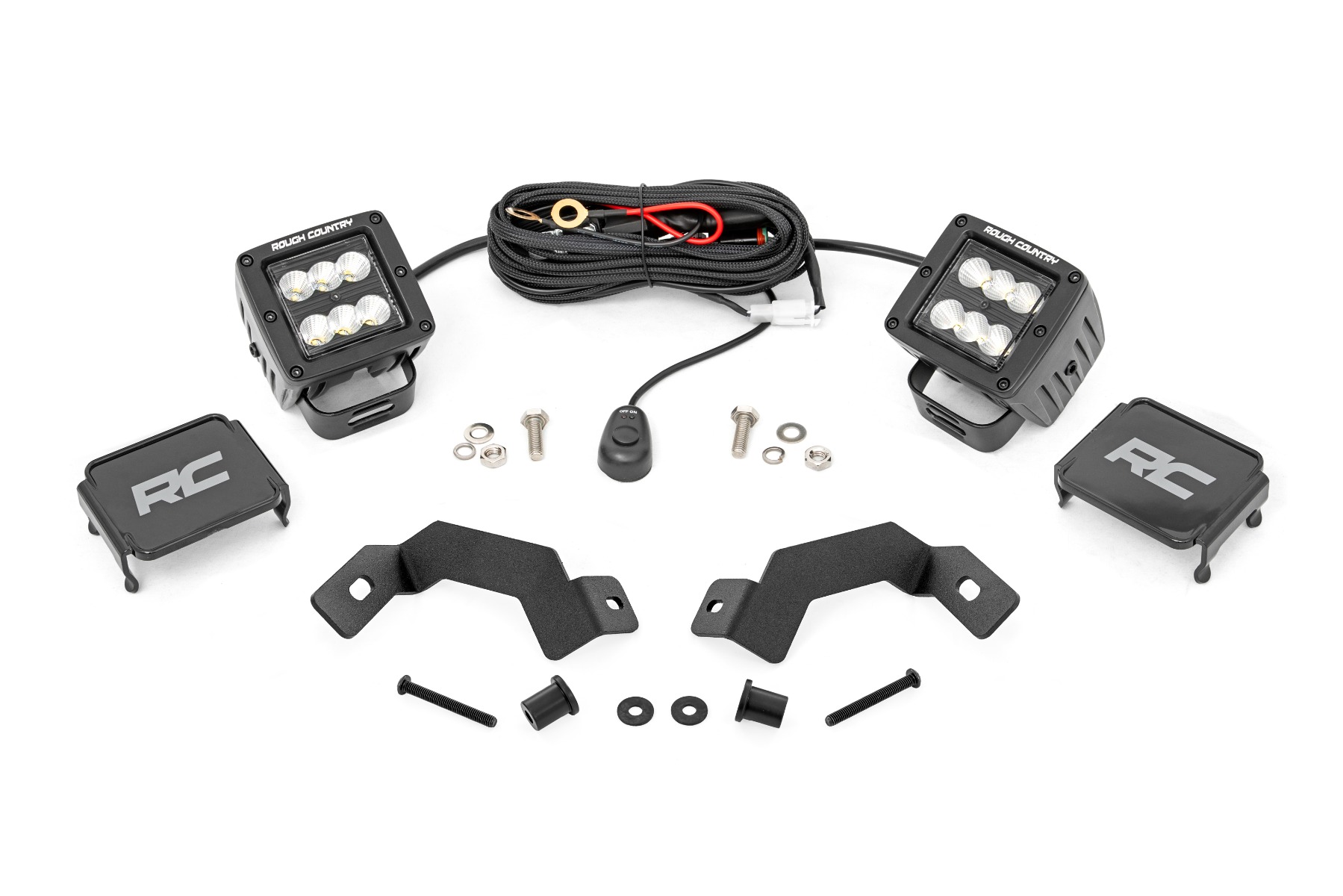 Rough Country LED Light Kit Ditch Mount 2″ Black Pair Flood Toyota Land Cruiser (24-26)