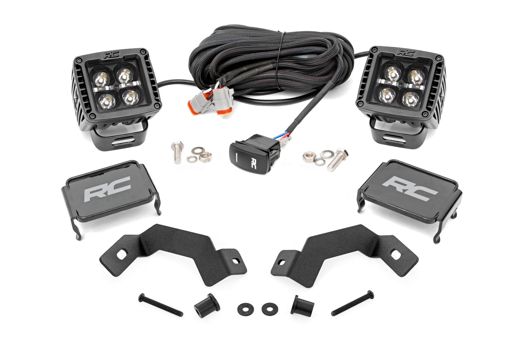 Rough Country LED Light Kit Ditch Mount 2β³ Black Pair White DRL Toyota Land Cruiser (24-26)