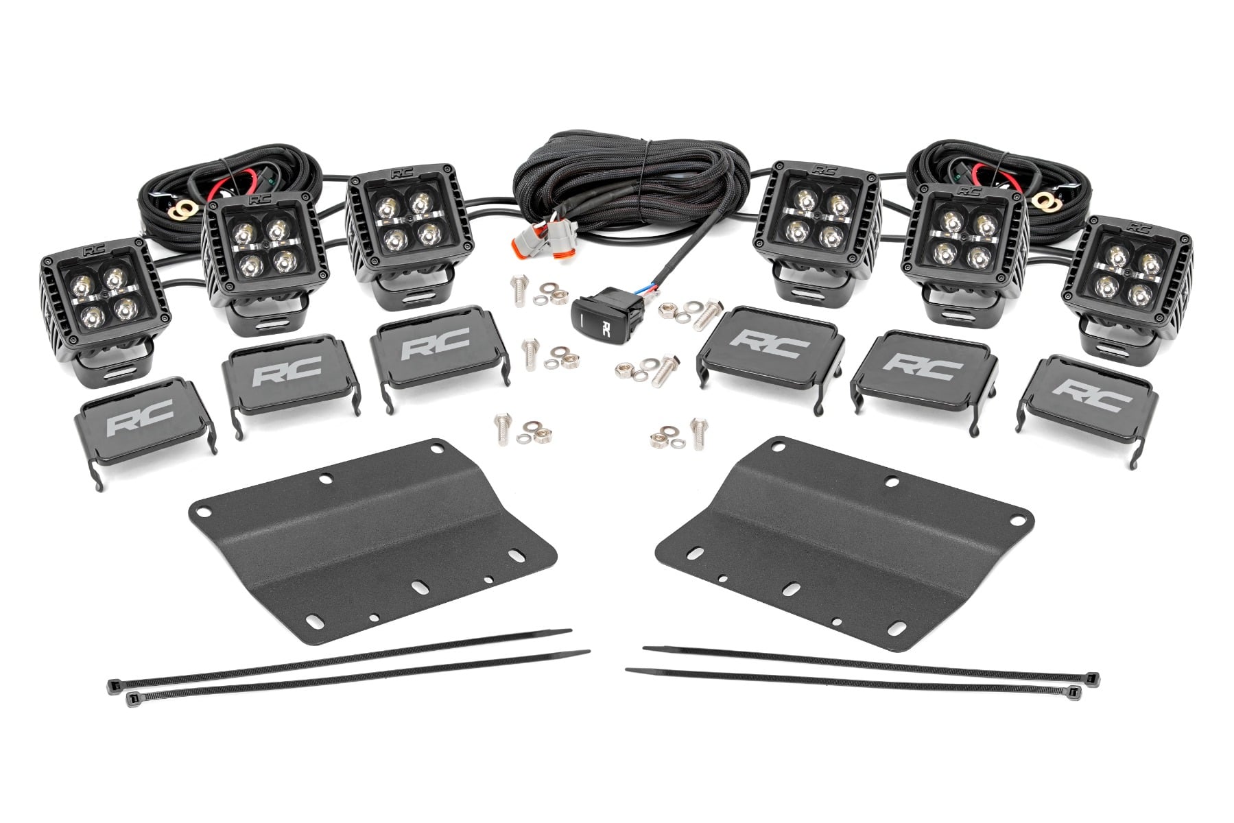 Rough Country LED Light Kit Fog Mount Triple 2″ Black Pair White DRL Ford Bronco (21-26)