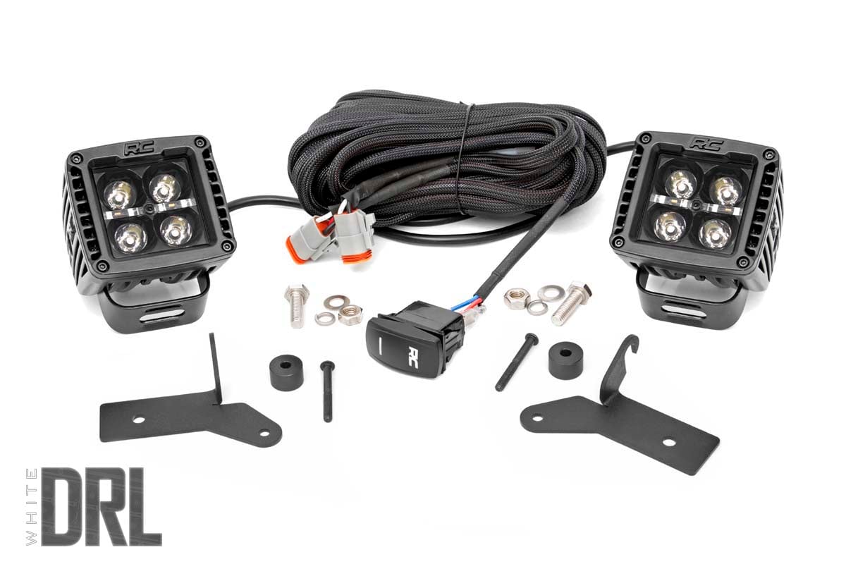 Rough Country LED Light Kit Hinge Mount 2β³ Black Pair White DRL Jeep Gladiator JT/Wrangler JL (18-26)