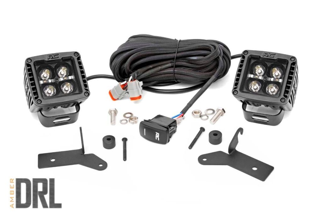 Rough Country LED Light Kit Hinge Mount 2″ Black Pair Amber DRL Jeep Gladiator JT/Wrangler JL (18-26)