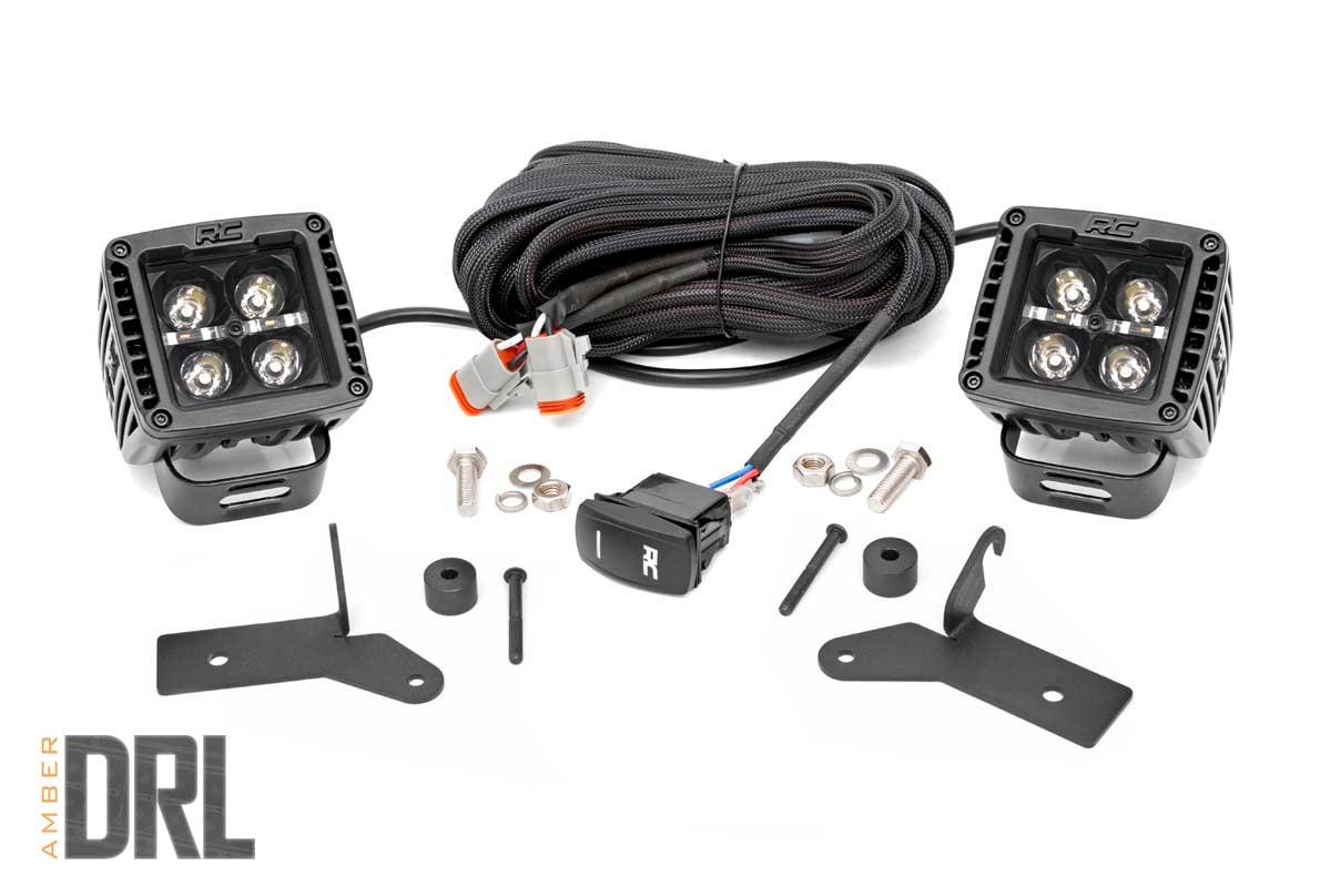 Rough Country LED Light Kit Hinge Mount 2β³ Black Pair Amber DRL Jeep Gladiator JT/Wrangler JL (18-26)