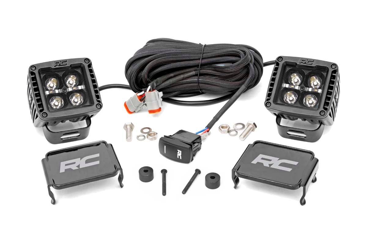Rough Country LED Light Kit Cowl Mount 2″ Black Pair White DRL Jeep Gladiator JT/Wrangler JL (18-26)