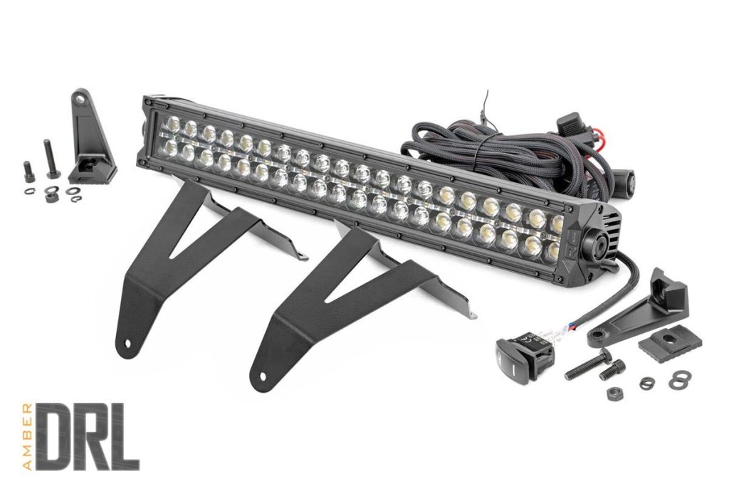 Rough Country LED Light Kit Bumper Mount 20″ Black Dual Row Amber DRL Ram 1500 (19-24)