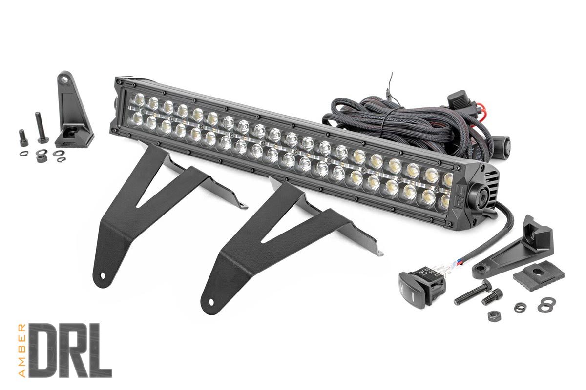Rough Country LED Light Kit Bumper Mount 20″ Black Dual Row Amber DRL Ram 1500 (19-24)