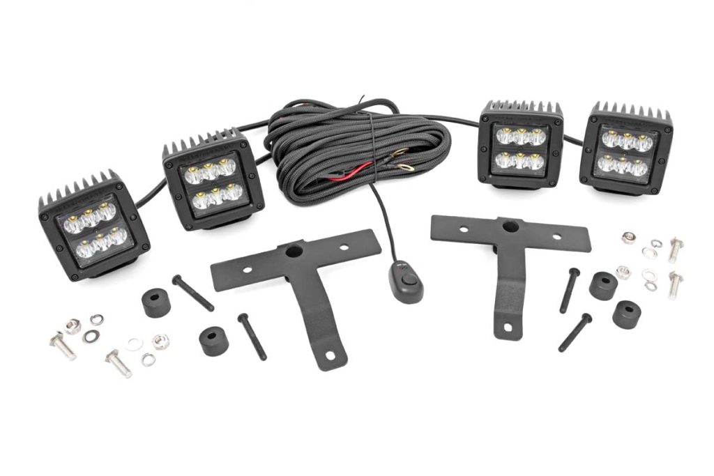 Rough Country Quad LED Light Kit Cowl Mount 2″ Black Pairs Spot Jeep Gladiator JT/Wrangler JL (18-26)