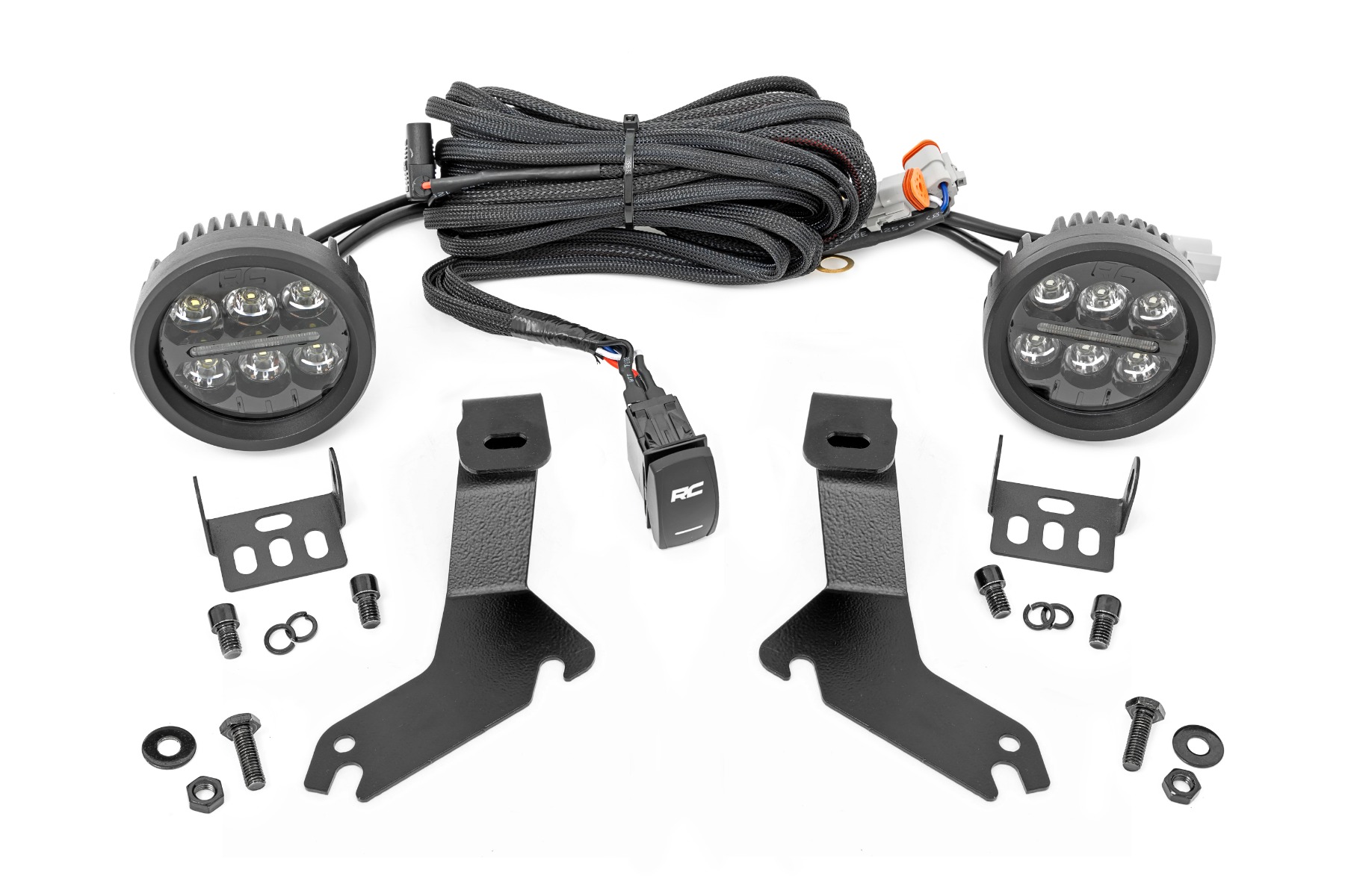 Rough Country LED Light Kit Ditch Mount Black Series Round 3.5 Inch Amber DRL Chevy 1500 (99-06)