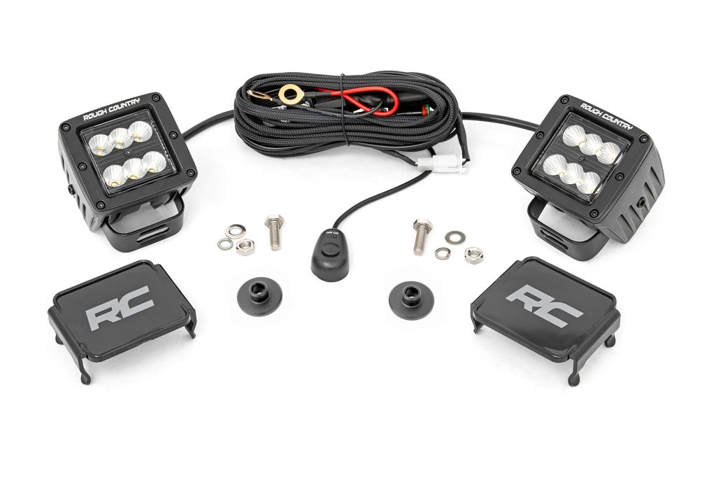 Rough Country LED Light Kit Ditch Mount 2″ Black Pair Flood Pattern Ford Bronco (21-26)