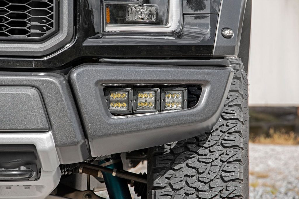 Rough Country LED Light Kit Fog Mount Triple 2″ Black Pair White DRL Ford Raptor (17-20)